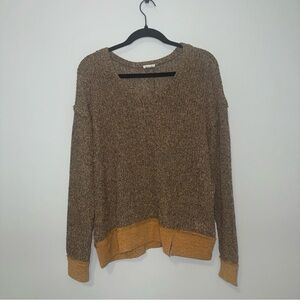 BKE Womens V-Neck Marled Colorblock  Knit Sweater Brown Tan Relaxed Fit Size  L